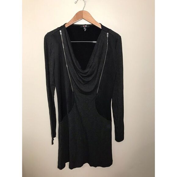 Yest Long Sleeve Zip Accent Dress 8 Mixed Media Contrast A-Line Goth Gray Black - Picture 2 of 6